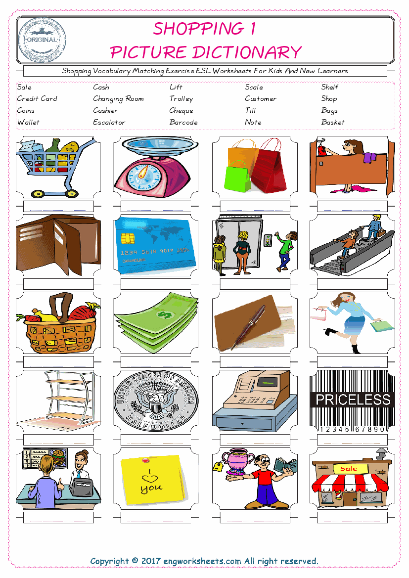  Shopping for Kids ESL Word Matching English Exercise Worksheet. 